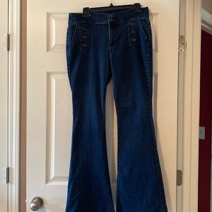 High waisted flared blue jeans